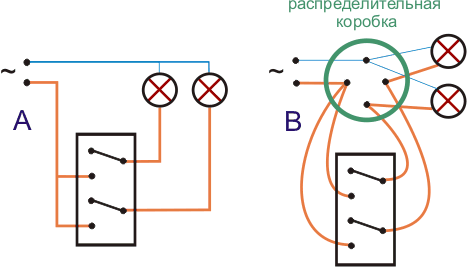схема подключения двухклавишного выключателя